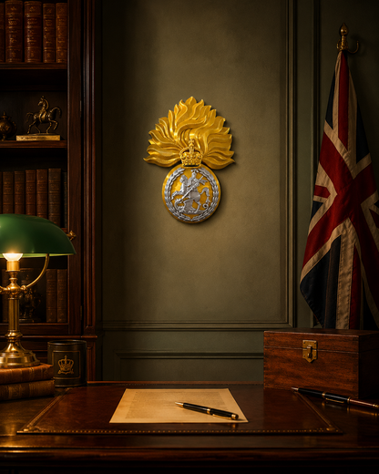 Royal Regiment of Fusiliers 3D printed cap badge plaque with King's Crown grenade in silver and gold finish