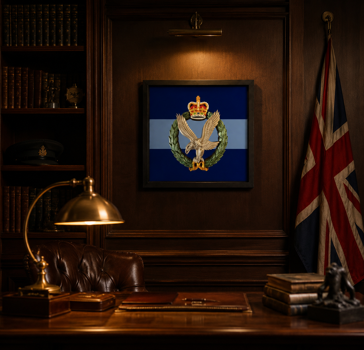 Army Air Corps Queen's Crown 3D printed cap badge display frame, full-colour eagle insignia in 35 cm box frame