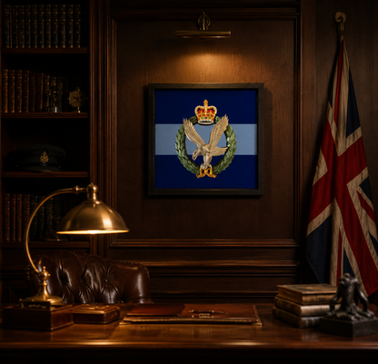 Army Air Corps Queen's Crown 3D printed cap badge display frame, full-colour eagle insignia in 35 cm box frame