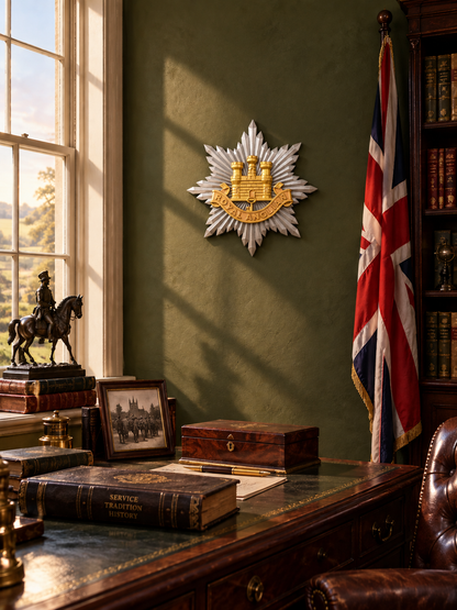 Royal Anglian Regiment cap badge display piece with gold Gibraltar Castle and Key, silver eight-pointed star and red ROYAL ANGLIAN scroll