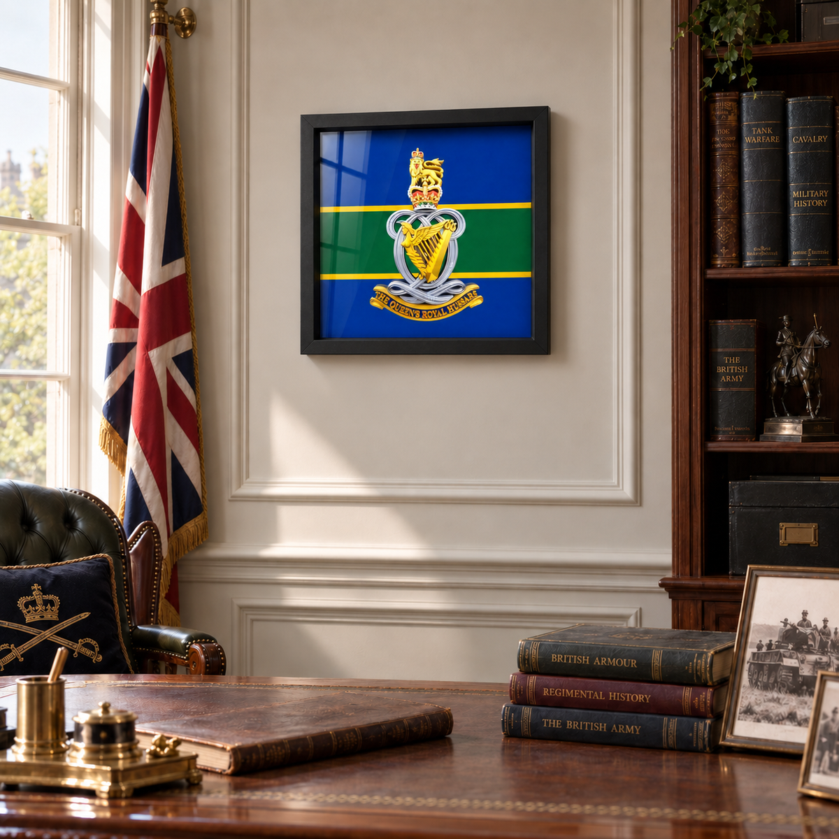 Queen’s Royal Hussars Queen’s Crown cap badge display frame in black with full-colour Angel Harp badge