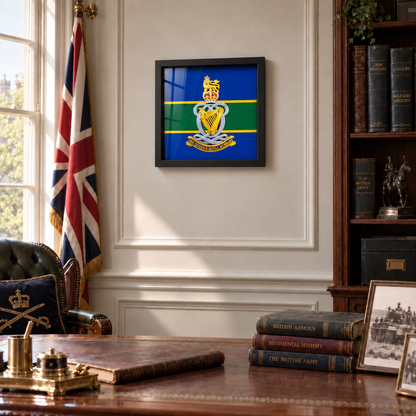 Queen’s Royal Hussars King’s Crown cap badge display frame in black with full-colour Angel Harp badge