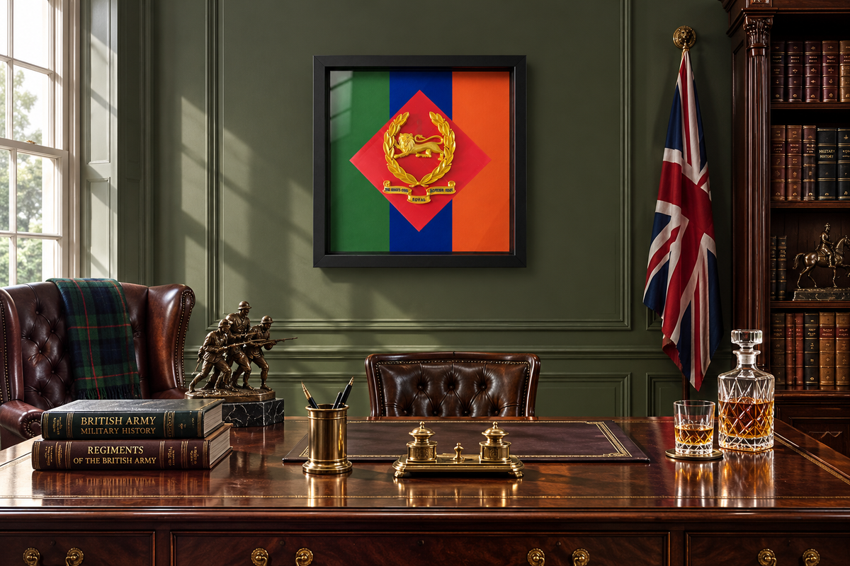 King's Own Royal Border Regiment beret badge with scroll and regimental colours display frame