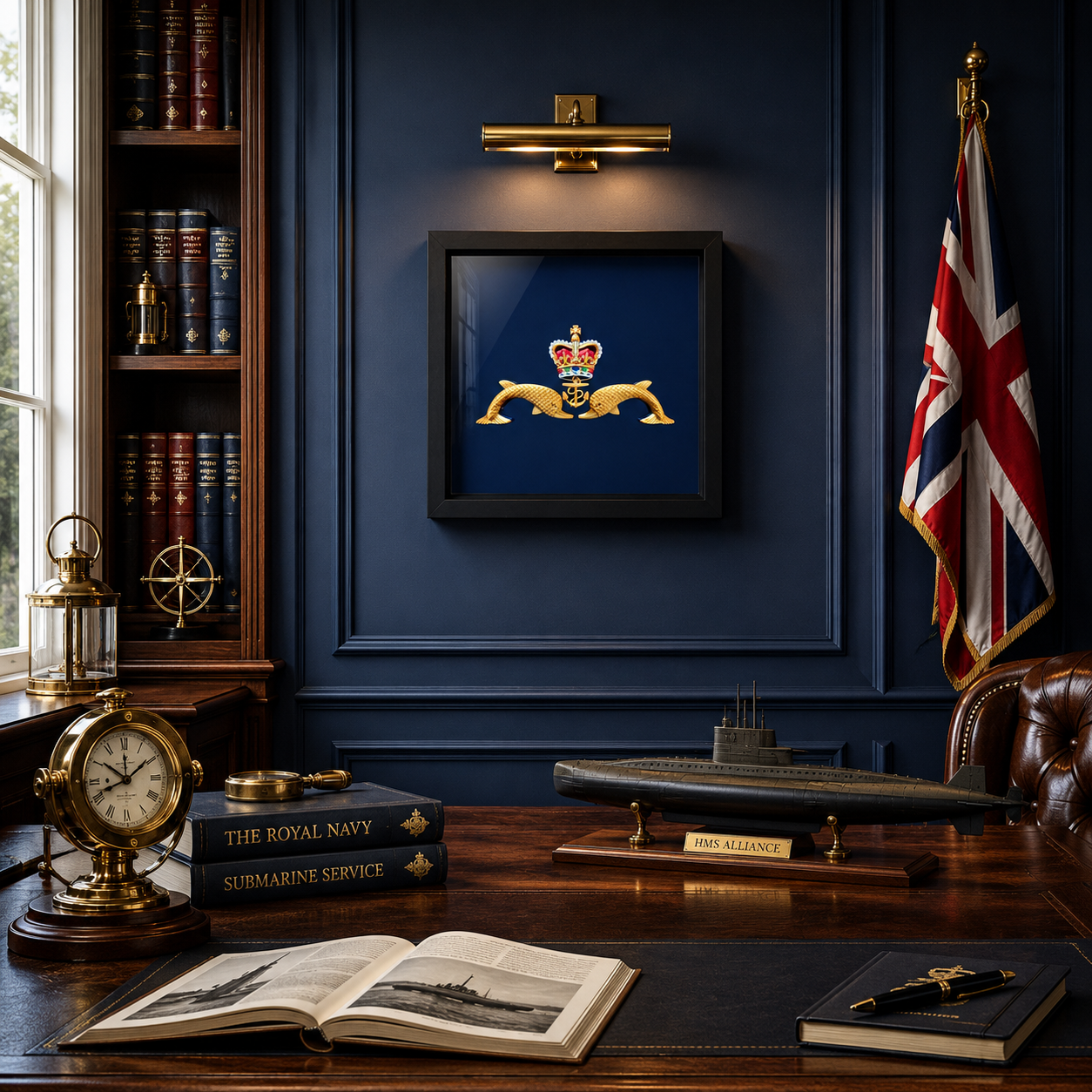 Royal Navy Submarine Service "Dolphins" Cap Badge Display Frame | Queen's Crown | Officially Licensed - Precision Military Emblems 
