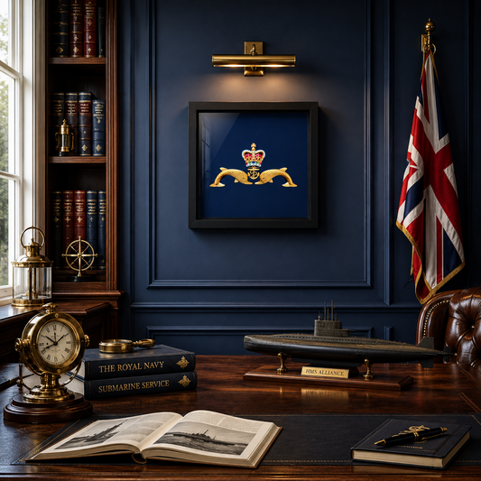 Royal Navy Submarine Service "Dolphins" Cap Badge Display Frame | Queen's Crown | Officially Licensed - Precision Military Emblems 