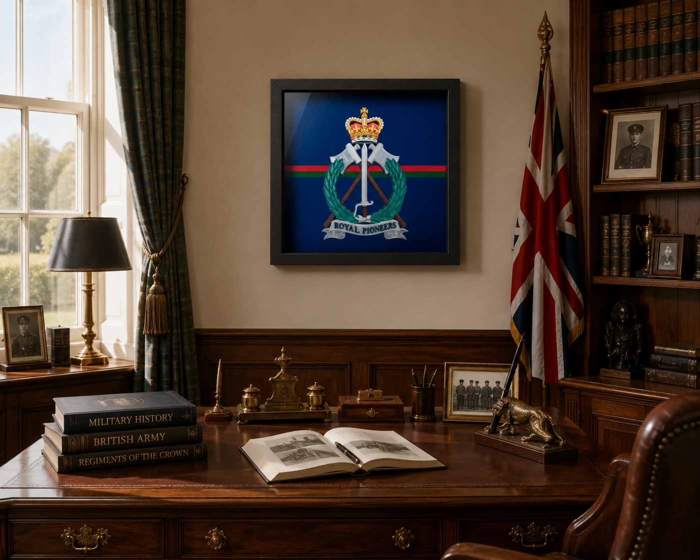 Royal Pioneer Corps Full Colour Cap Badge & Stable Belt Display Frame - Precision Military Emblems 