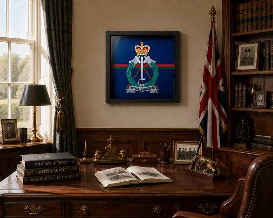 Royal Pioneer Corps Full Colour Cap Badge & Stable Belt Display Frame - Precision Military Emblems 