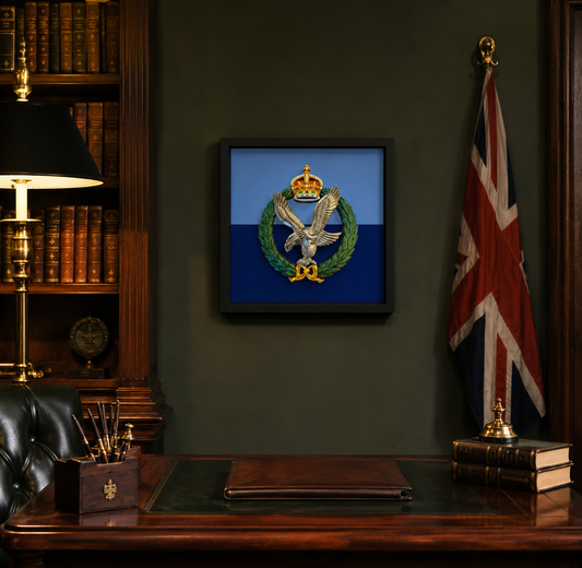 Army Air Corps King's Crown cap badge display frame in military colour, 35 x 35 cm deep box, officially licensed