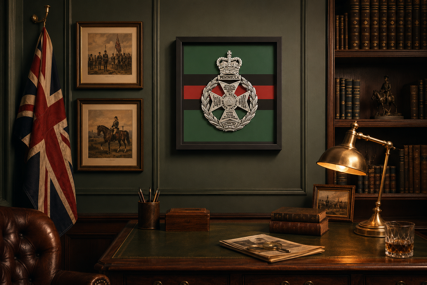 3D Printed Royal Green Jackets Cap Badge Display Frame – Queen's Crown - Precision Military Emblems