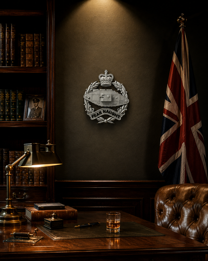 Royal Tank Regiment 3D Printed Cap Badge Queen's Crown (Silver & Black) - Precision Military Emblems
