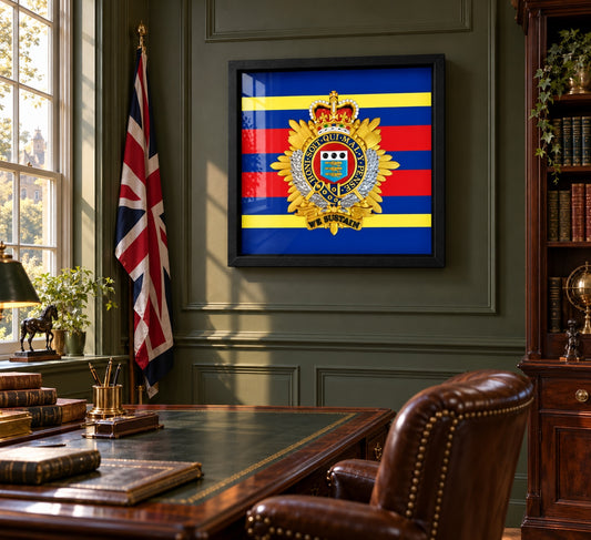 Royal Logistic Corps Queen's Crown cap badge display frame mounted in a traditional British study