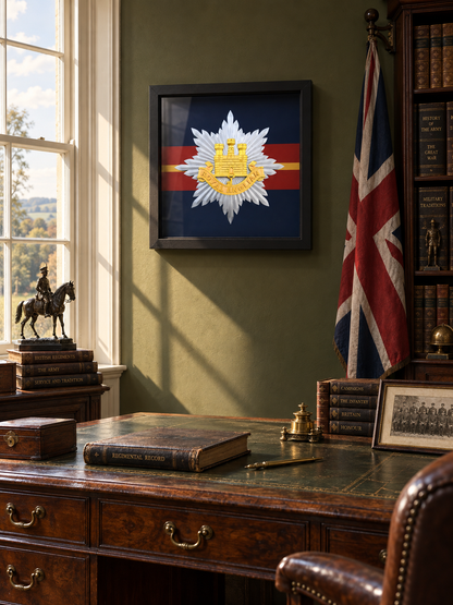 Royal Anglian Regiment cap badge display frame with gold Gibraltar Castle and Key, silver eight-pointed star and red ROYAL ANGLIAN scroll