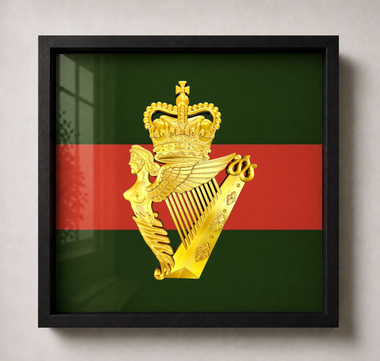 Black frame: UDR cap badge display frame – crowned harp badge with regimental backing