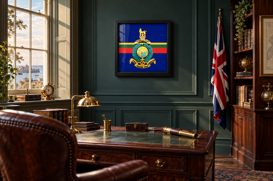 Royal Marines King's Crown Globe and Laurel Badge display frame in a traditional British naval-style study