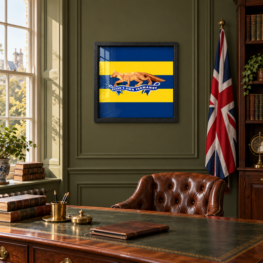 Queen's Own Yeomanry cap badge displayed in a deep shadow-box frame