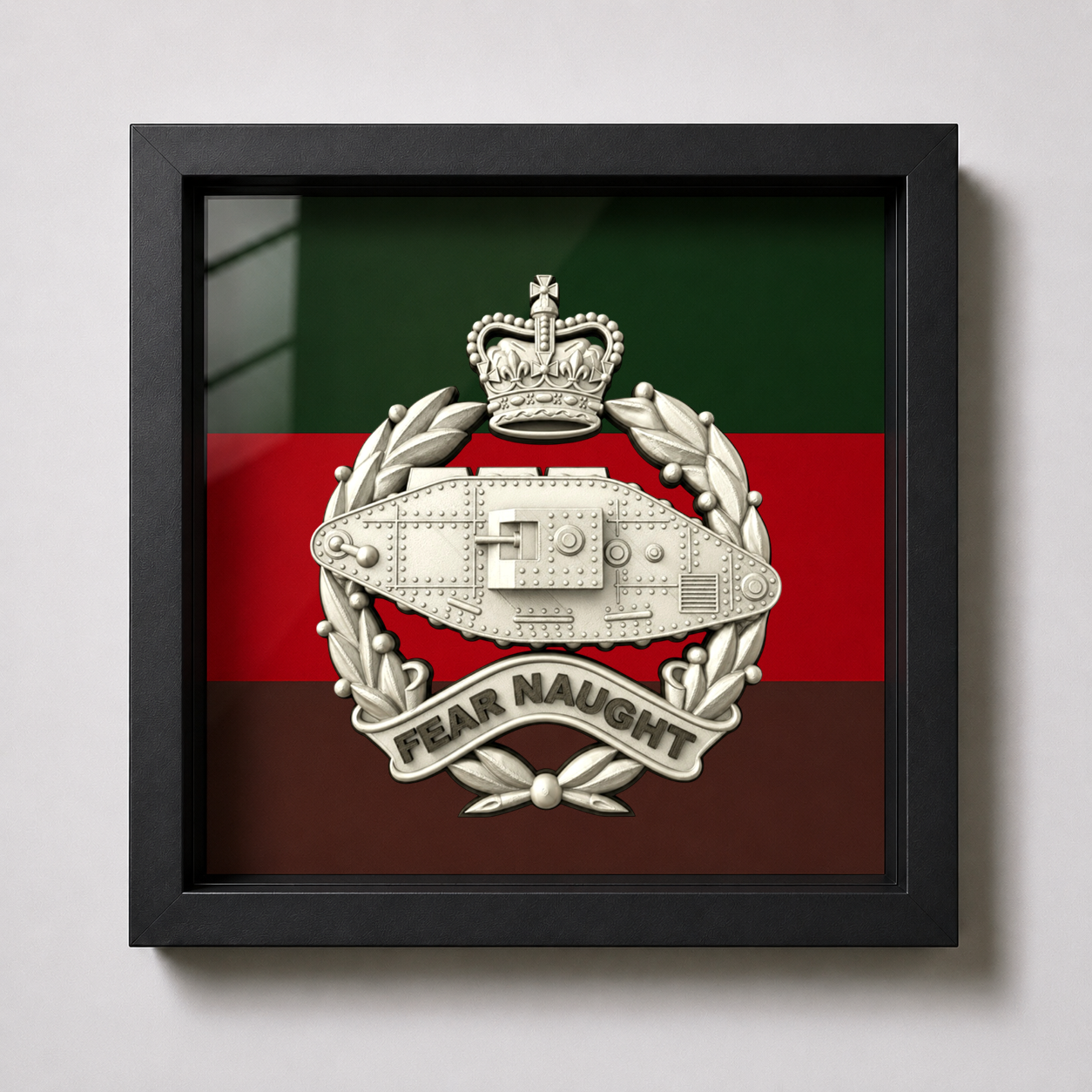 Royal Tank Regiment Queen's Crown Silver & Black Cap Badge Display Frame  - Precsion Military Emblems 