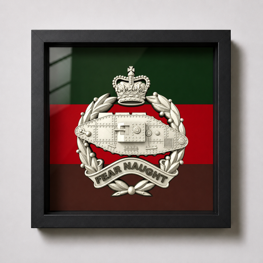 Royal Tank Regiment Queen's Crown Silver & Black Cap Badge Display Frame  - Precsion Military Emblems 