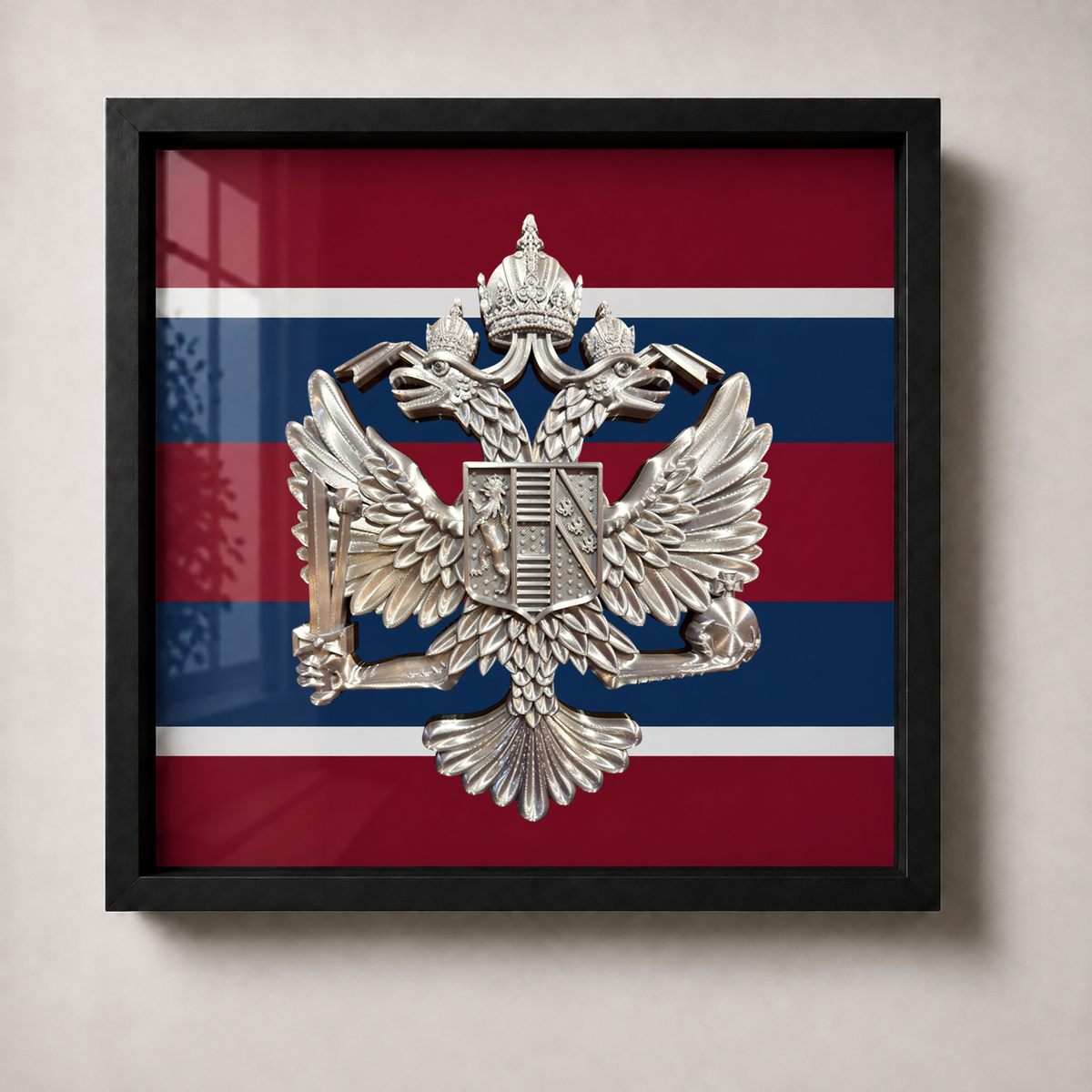 QDG Habsburg double-headed eagle cap badge in deep display frame