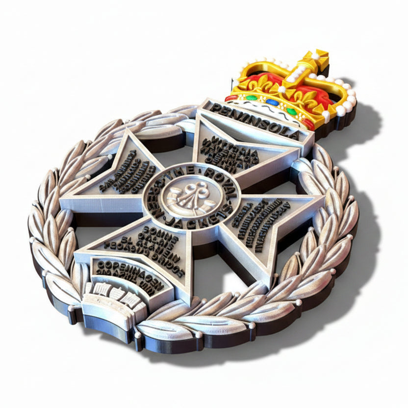 Royal Green Jackets 3D Printed Cap Badge Silver Black and Coloured Crown - Precision Military Emblems