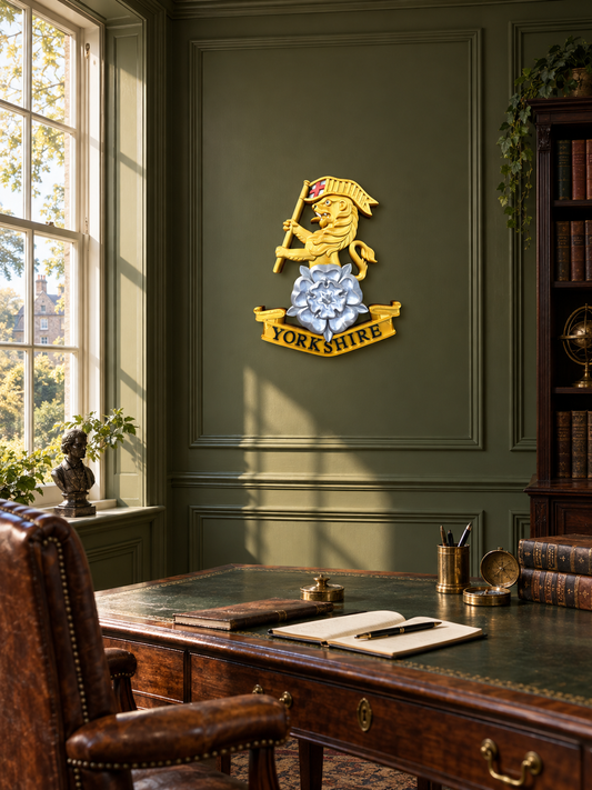 Royal Yorkshire Regiment cap badge display piece in white, gold, silver and black