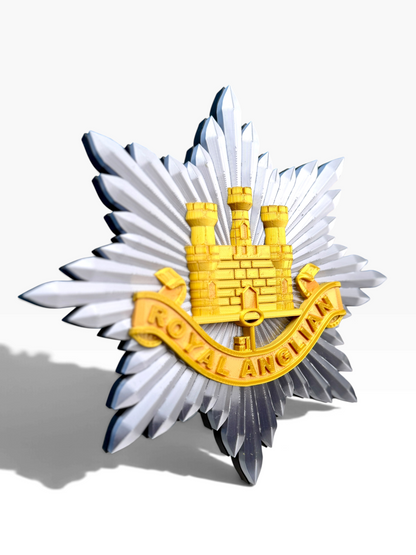 Royal Anglian Regiment cap badge display piece in gold, silver and red with detailed 3D relief