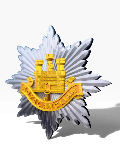 Royal Anglian Regiment cap badge display piece showing the silver eight-pointed star and gold central emblem