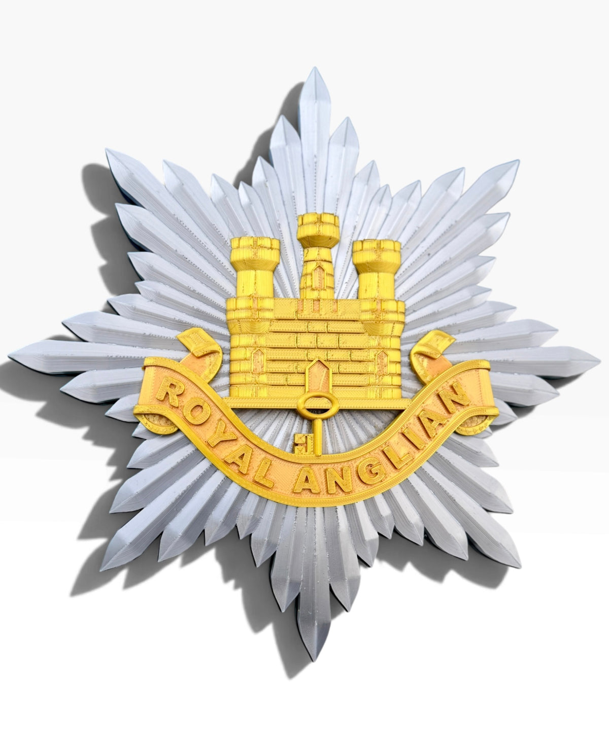 Royal Anglian Regiment cap badge display piece showing the Gibraltar Castle and Key, silver star and ROYAL ANGLIAN scroll