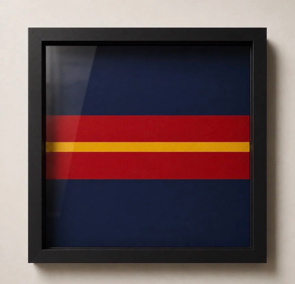 Royal Anglian Regiment cap badge display frame showing raised gold, silver and red regimental detail