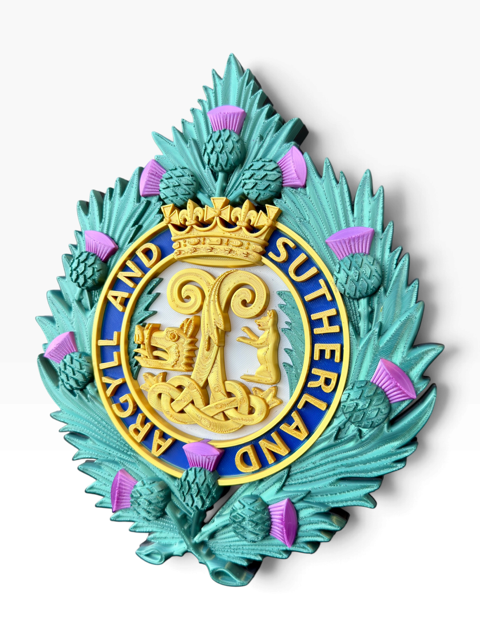 Argyll and Sutherland Highlanders cap badge with Boar’s Head of Argyll and Wild Cat of Sutherland