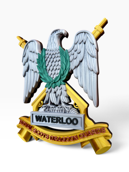 RSDG cap badge with WATERLOO tablet and Royal Scots Dragoon Guards scroll