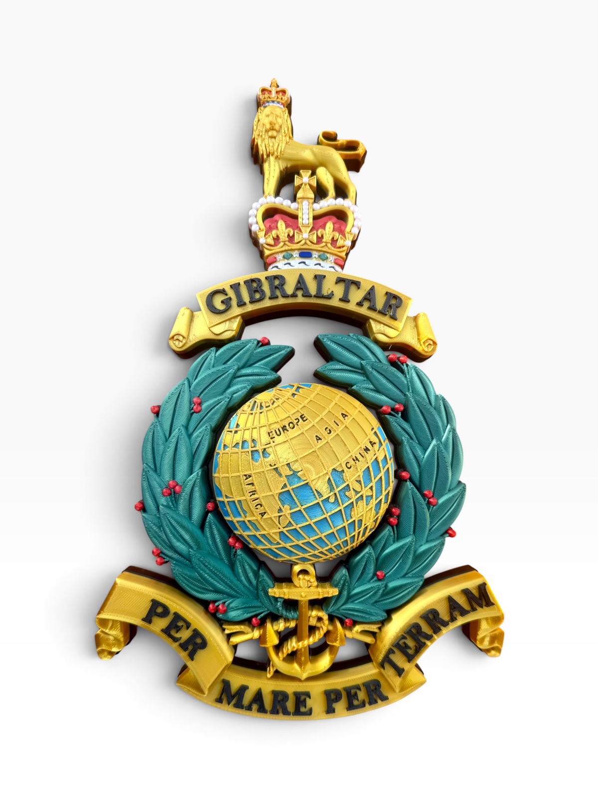 Royal Marines Queen's Crown Globe and Laurel emblem with crowned lion and Gibraltar scroll