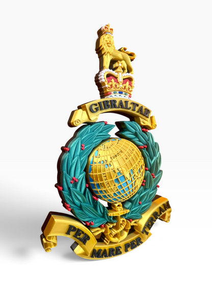 Large-format Royal Marines Globe and Laurel military badge with Queen's Crown pattern