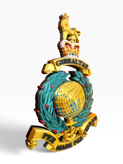 Queen's Crown Royal Marines cap badge reproduction in gold, green, blue and red
