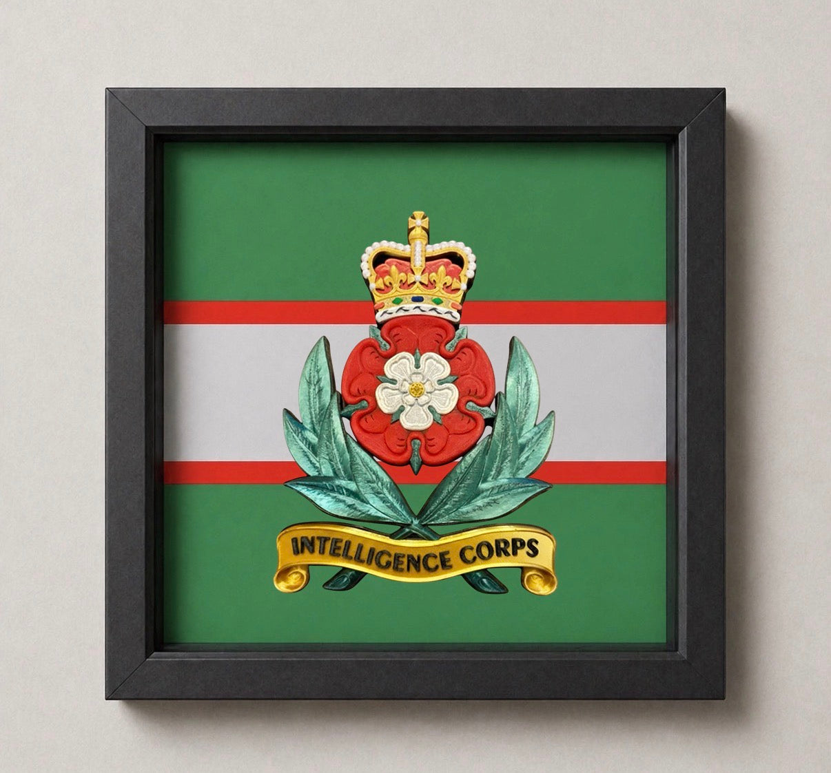 3D Printed Intelligence Corps Cap Badge Display Frame – Queen's Crown - Precision Military Emblems