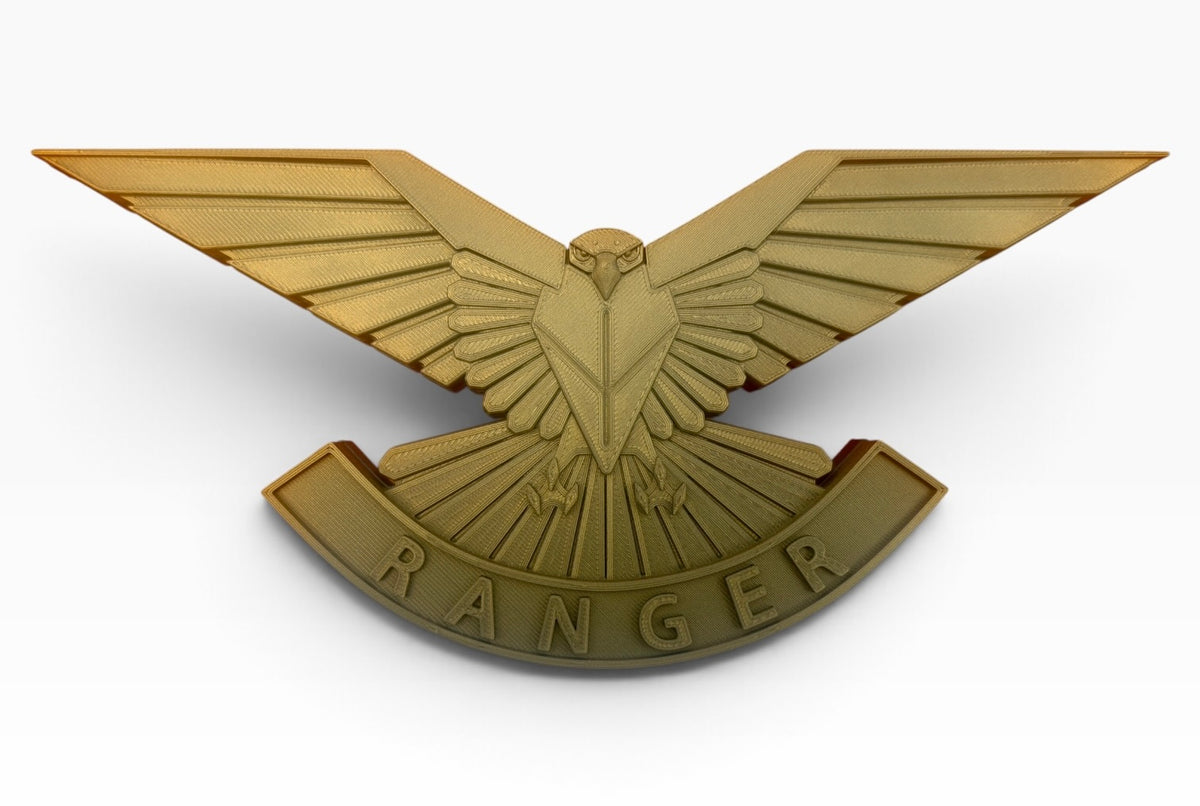 Slightly elevated front view of the Ranger Regiment wall display showing the falcon and recessed RANGER scroll background