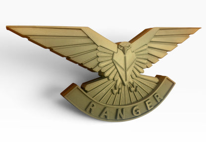 Side-angled view of the Ranger Regiment cap badge wall display showing layered feathers and the thickness of the wings