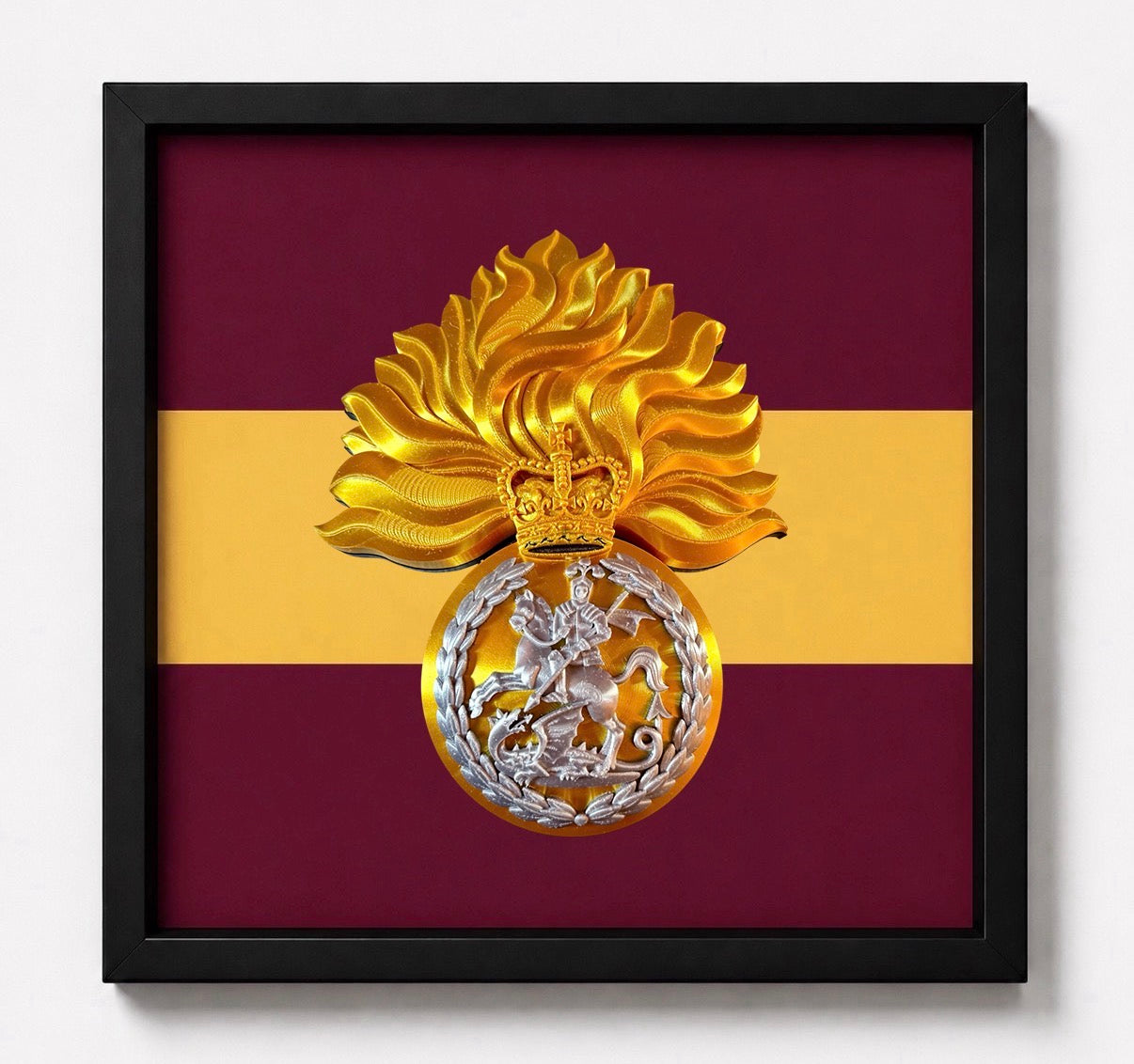Royal Regiment of Fusiliers 3D Printed Cap Badge Grenade Display Frame - Queen's Crown - Precision Military Emblems 