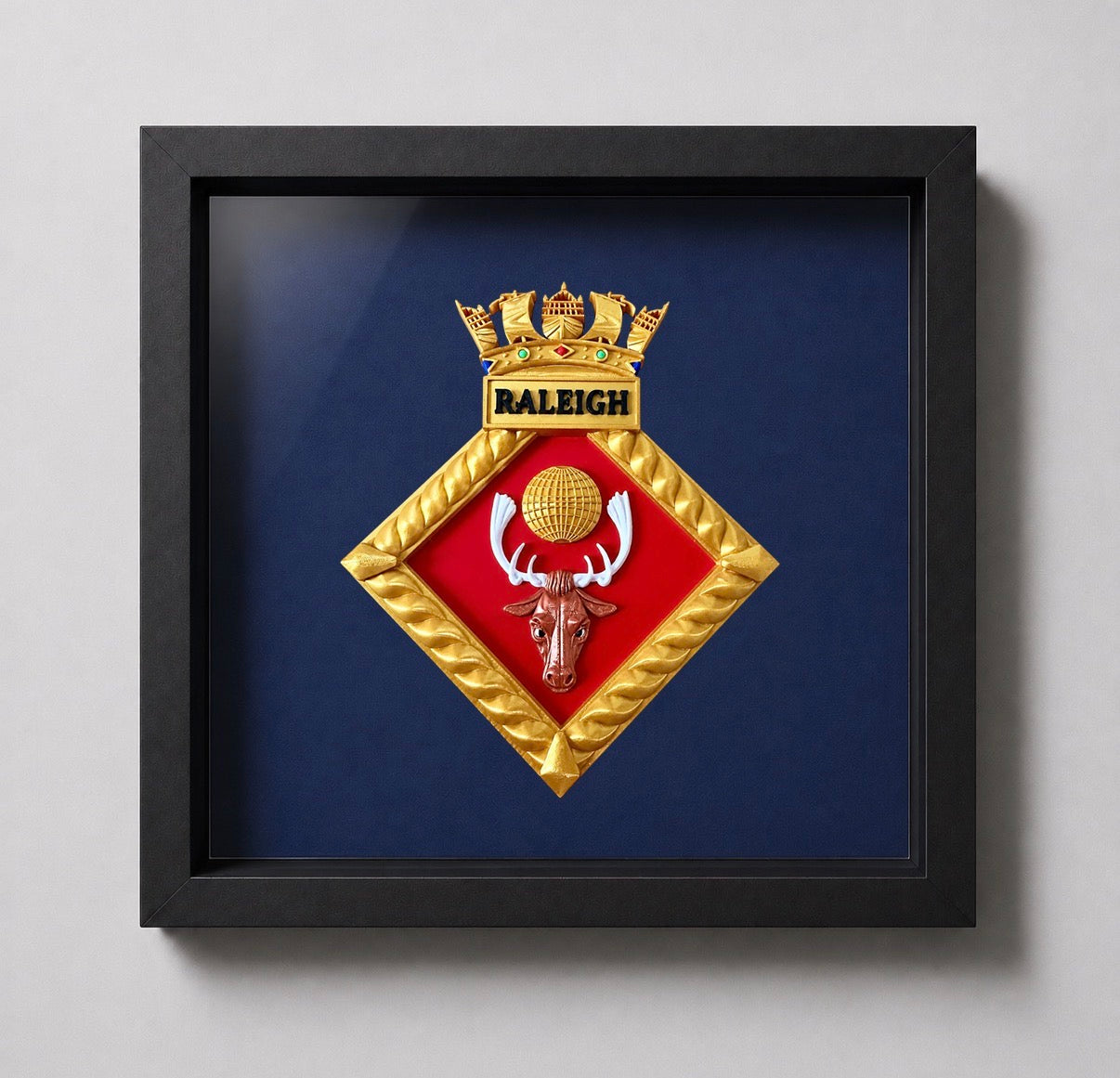 HMS Raleigh Royal Navy Crest Display Frame | Officially Licensed - Precision Military Emblems 