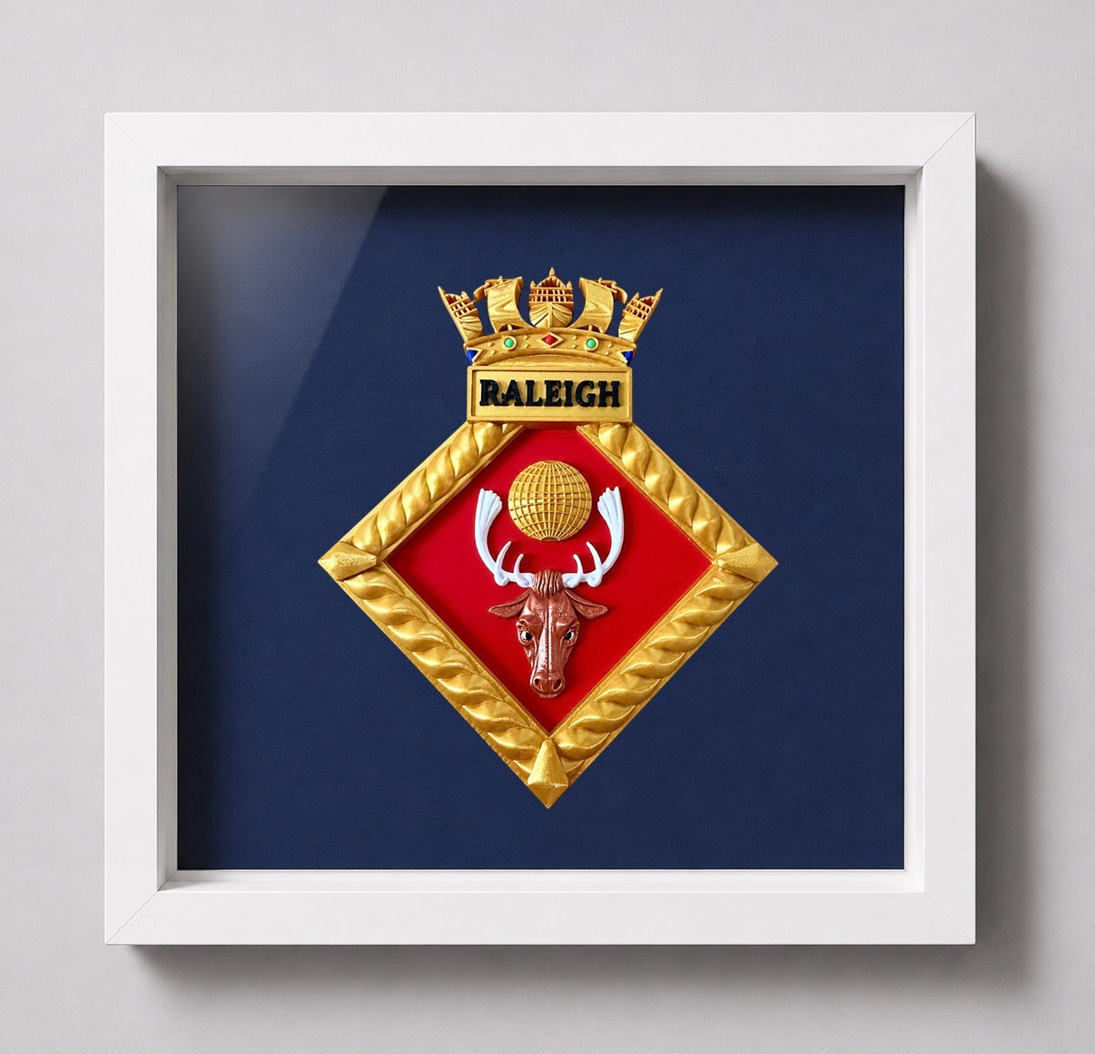 HMS Raleigh Royal Navy Crest Display Frame | Officially Licensed - Precision Military Emblems 