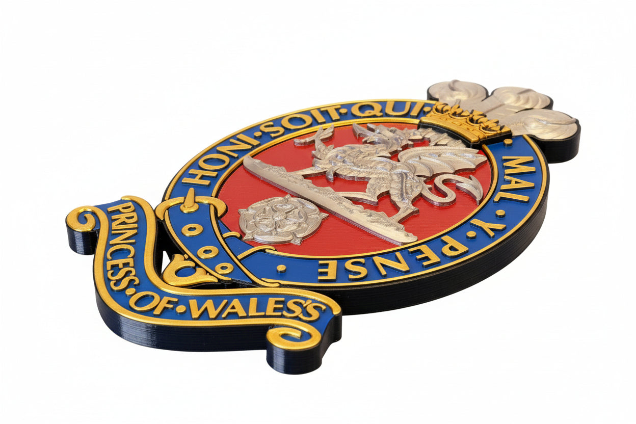 Princess Of Wales's Royal Regiment 3D Printed Cap Badge Red and Silver - Precision Military Emblems