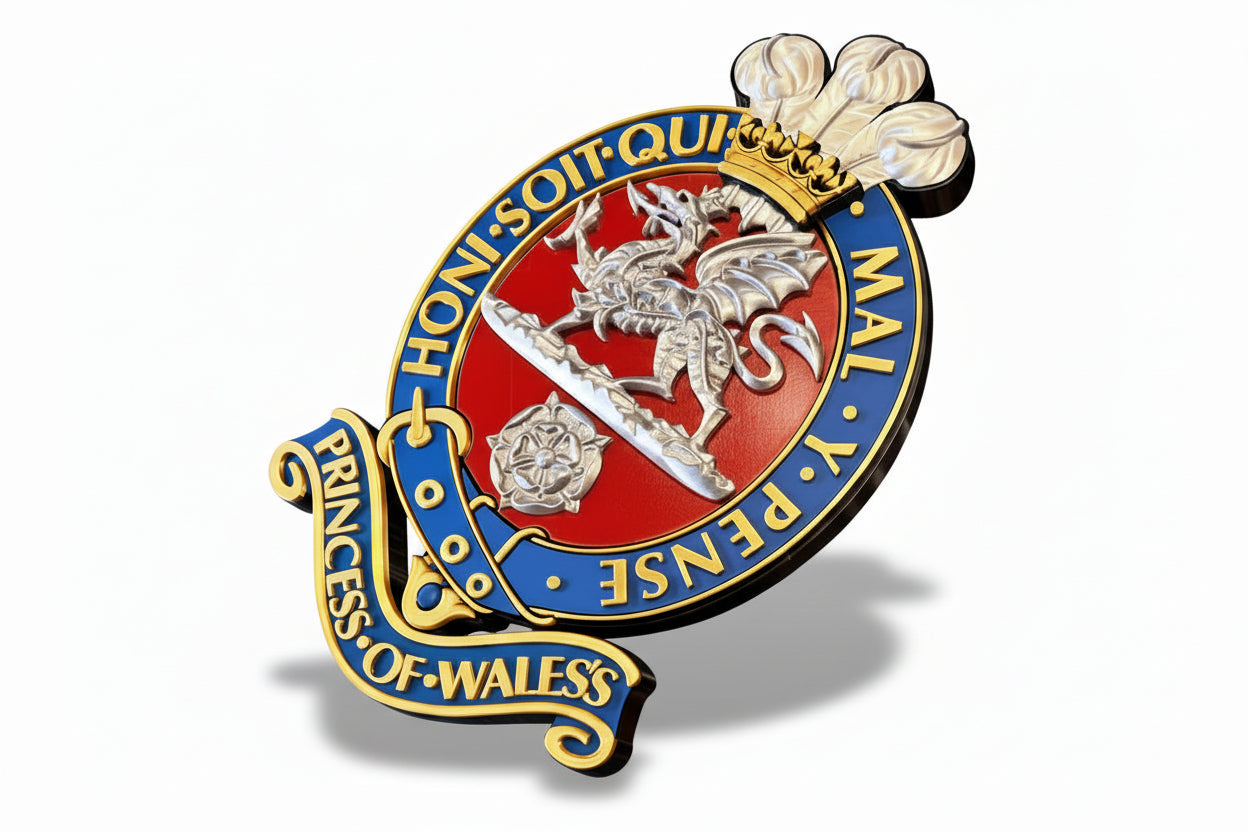 Princess Of Wales's Royal Regiment 3D Printed Cap Badge Red and Silver - Precision Military Emblems