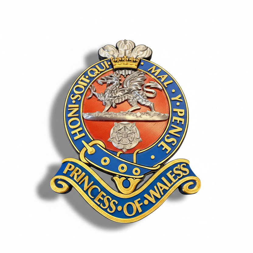Princess Of Wales's Royal Regiment 3D Printed Cap Badge Red and Silver - Precision Military Emblems