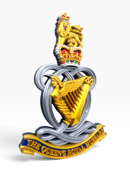 Detailed Queen’s Royal Hussars Queen’s Crown cap badge with the coloured regimental scroll