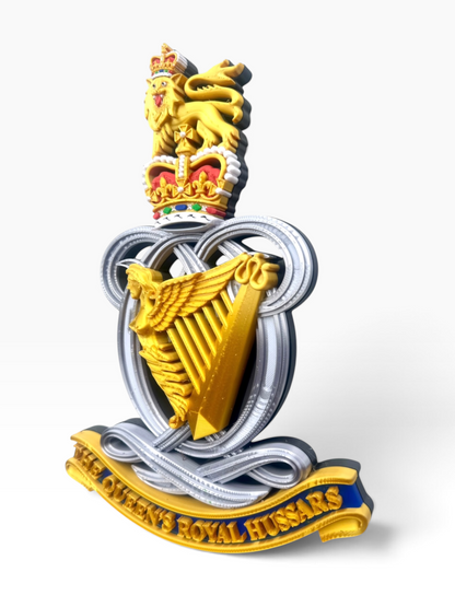 Close-up detail of the Queen’s Royal Hussars Queen’s Crown cap badge