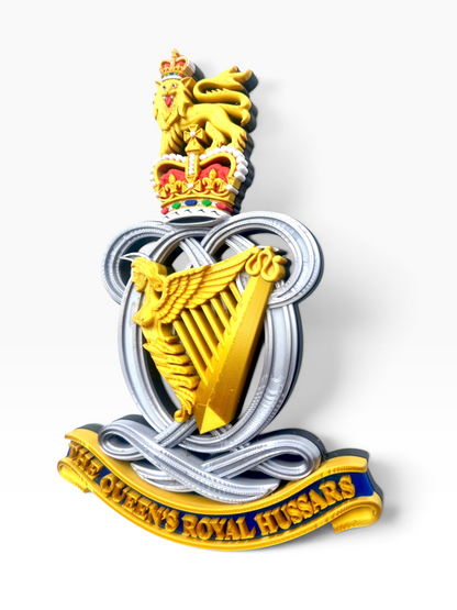 Queen’s Royal Hussars Queen’s Crown cap badge display piece, 3D printed and hand-finished in the UK