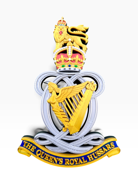 Queen’s Royal Hussars King’s Crown cap badge showing the crown and lion in detailed full colour