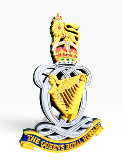 Queen’s Royal Hussars King’s Crown cap badge featuring the Angel Harp and regimental cypher