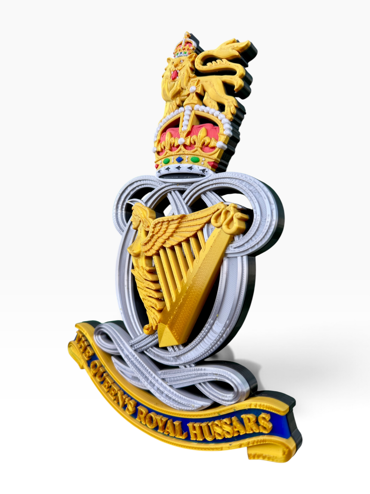 Queen’s Royal Hussars King’s Crown cap badge display piece, 3D printed and hand-finished in the UK