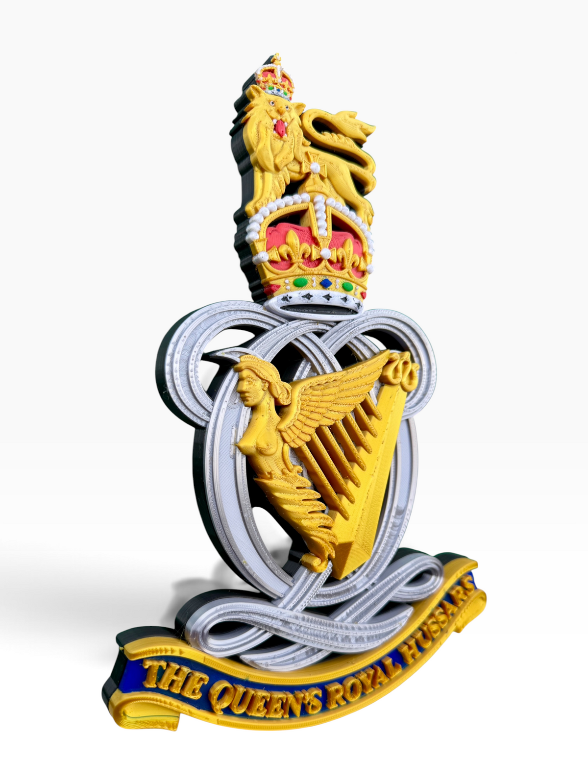 Queen’s Royal Hussars King’s Crown cap badge in full colour, ready to hang
