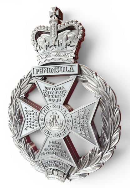 Royal Green Jackets 3D Printed Cap Badge Silver XL - Precision Military Emblems